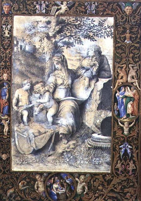 Border of an Illuminated Manuscript surrounding a drawing after Raphael's The Holy family under the von Giorgio Giulio Clovio