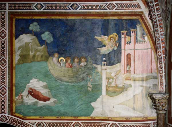 Die Landung der Heiligen Maximin, Lazarus, Cedonius und Maria Magdalena in Marseille von Giotto (Schule)