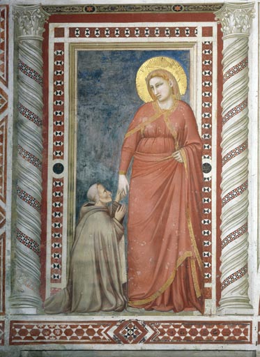 Der Bischof Teobaldo Pontano im Pilgergewand vor der hl. Maria Magdalena kniend von Giotto (Schule)