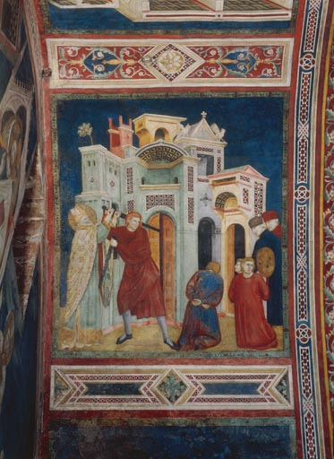 Der hl. Nikolaus errettet die drei unschuldig zum Tode verurteilten Ritter Nepotianus, Ursus und Api von Giotto (Schule)