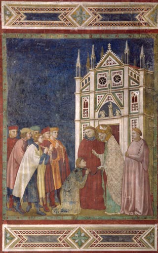 Der hl. Nikolaus nimmt die drei gestrandeten roemischen Ritter Nepotianus, Ursus und Apilio in Myra von Giotto (Schule)