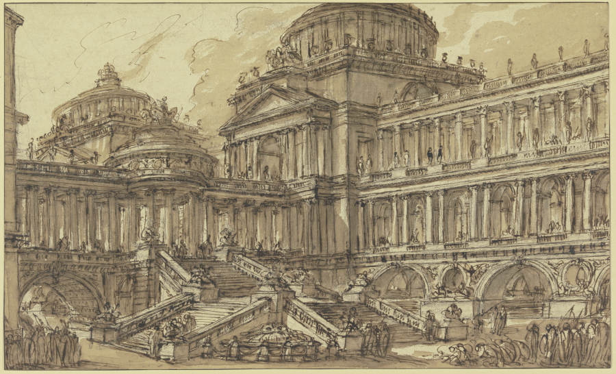Großartiges Gebäude mit Kuppel, Säulenhallen und vielen Treppen und Figuren von Giovanni Battista Piranesi