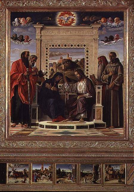 Coronation of the Virgin with SS. Paul, Peter, Jerome and Francis of Assisi with scenes from the liv von Giovanni Bellini