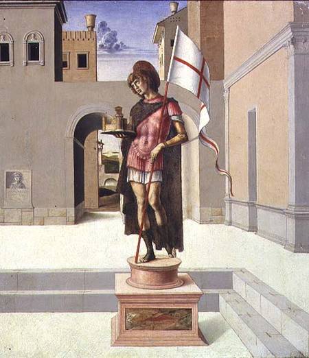 St. George depicted as a polychrome statue in a town square, predella von Giovanni Bellini
