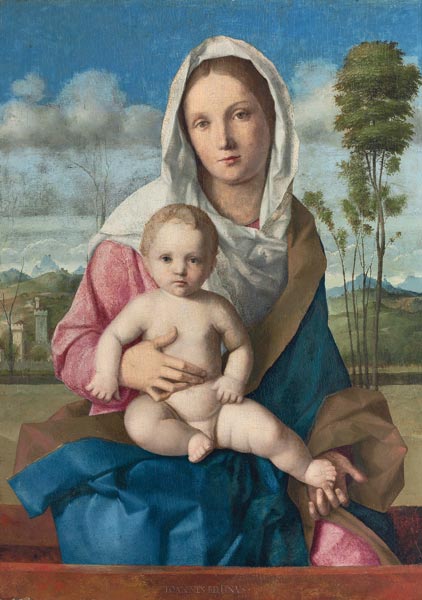 Madonna mit Kind in einer Landschaft. von Giovanni Bellini