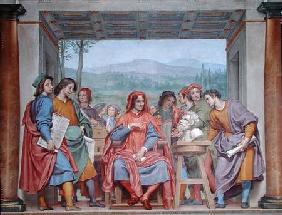 Lorenzo de' Medici (1449-92) surrounded by artists, admiring Michelangelo's 'Faun' admiring M