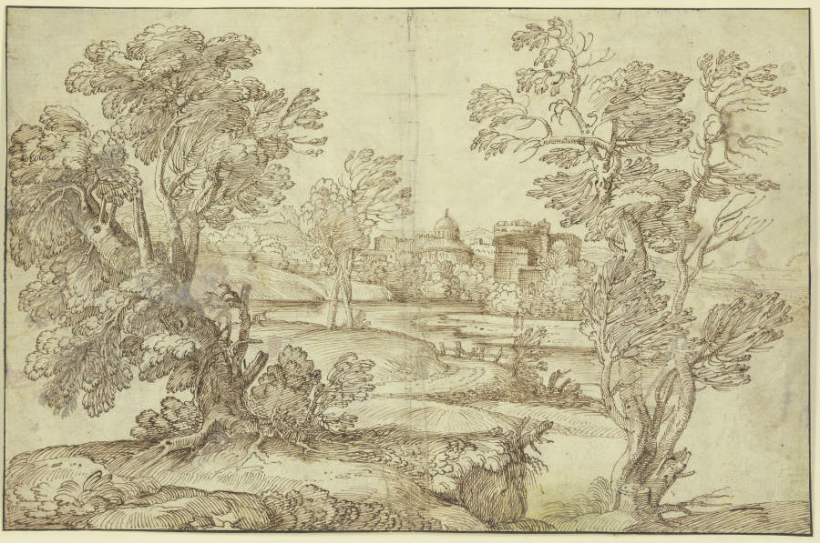 Landschaft mit Wasser, Baumgruppen und Gebäuden von Giovanni Francesco Grimaldi
