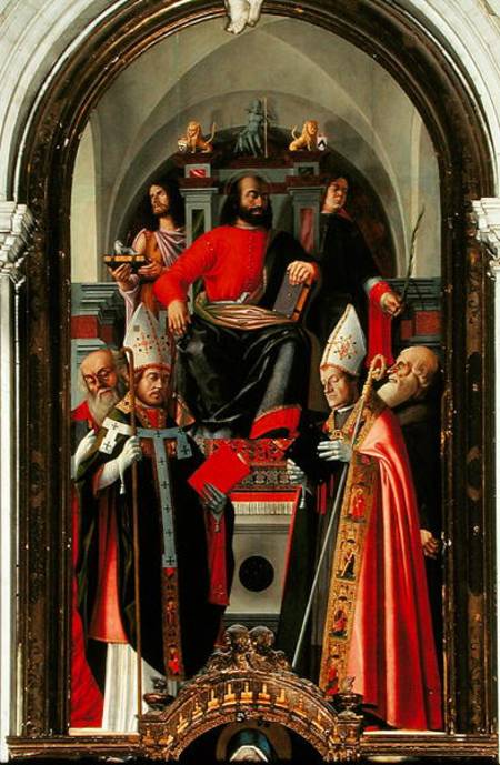 Saint Mark enthroned surrounded by Saints von Giovanni Giovanni