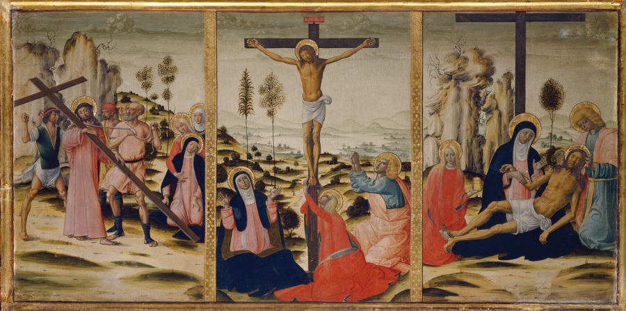 Kreuztragung, Kreuzigung und Beweinung von Girolamo di Benvenuto