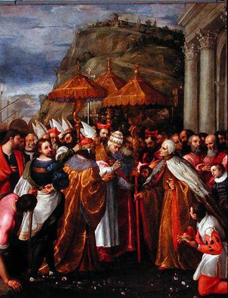 Pope Alexander III (1105-81), Emperor Frederick Barbarossa (c.1123-90) and Doge Sebastiano Ziani (c. von Girolamo Gambarato