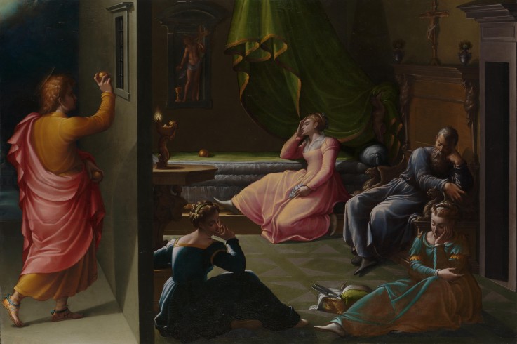 Heiliger Nikolaus von Bari wirft der goldene Kugeln in das Zimmer der dreier armer Mädchen von Girolamo Macchietti