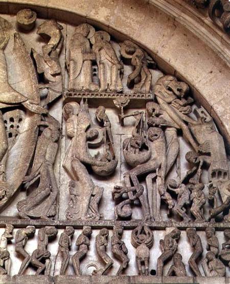 West Portal, detail of the Last Judgement, right hand side depicting the Weighing of Souls von Gislebertus