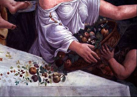 A basket of fruit and flowers, detail of the rustic banquet celebrating the marriage of Cupid and Ps von Giulio Romano