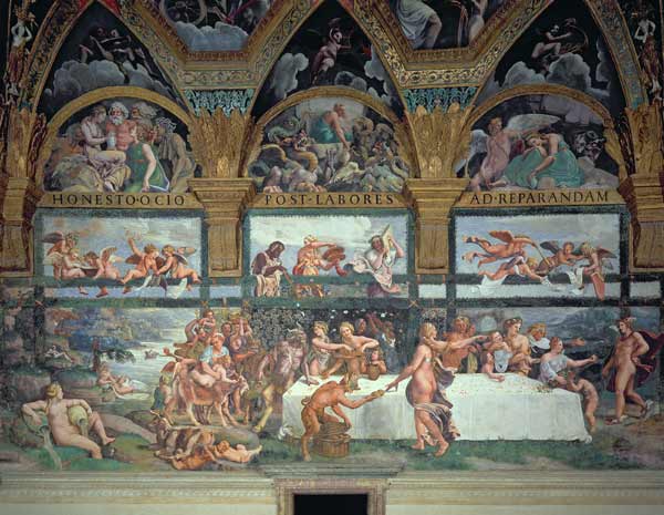 The Rustic Banquet celebrating the marriage of Cupid and Psyche, with the three lunettes above depic von Giulio Romano