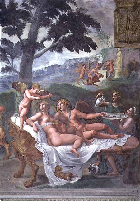 Cupid and Psyche with their daughter Voluptuousness, waited on by Ceres who pours water into a basin von Giulio Romano