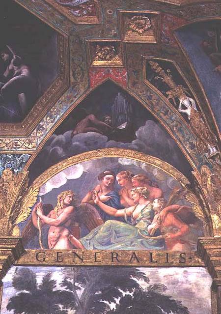 Cupid with Venus and Mercury whom she is sending to capture Psyche, lunette from the Sala di Amore e von Giulio Romano