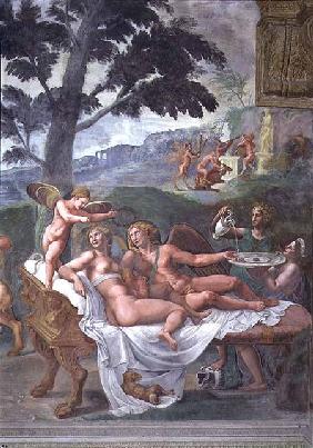 Cupid and Psyche with their daughter Voluptuousness, waited on by Ceres who pours water into a basin 1528