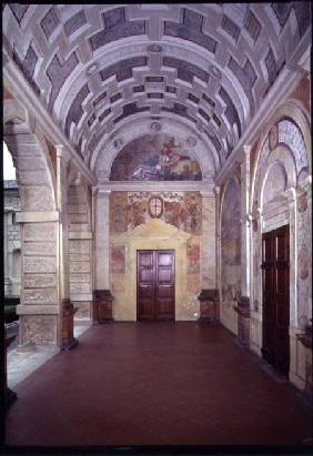 Loggia delle Muse with coffered ceiling and lunette bearing a fresco of Castalia, water nymph of a p c.1528