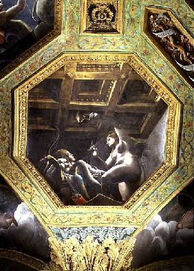 Psyche sees Cupid while he sleeps, ceiling caisson from the Sala di Amore e Psiche 1528