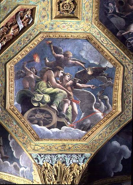 Venus and Cupid in a chariot drawn by swans, ceiling caisson from the Sala di Amore e Psiche von Giulio Romano