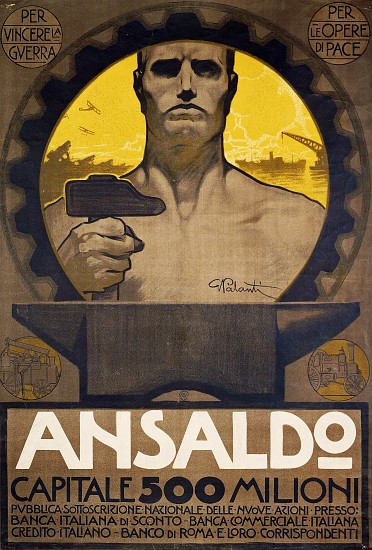Worker with hammer and anvil, poster of Ansaldo of Genoa for the subscription of new shares von Giuseppe Palanti