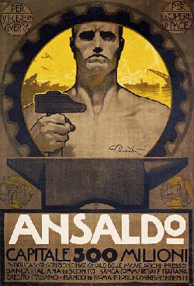 Worker with hammer and anvil, poster of Ansaldo of Genoa for the subscription of new shares 1918