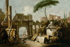 Antike Ruinen mit Triumphbogen und Säulen um 1730