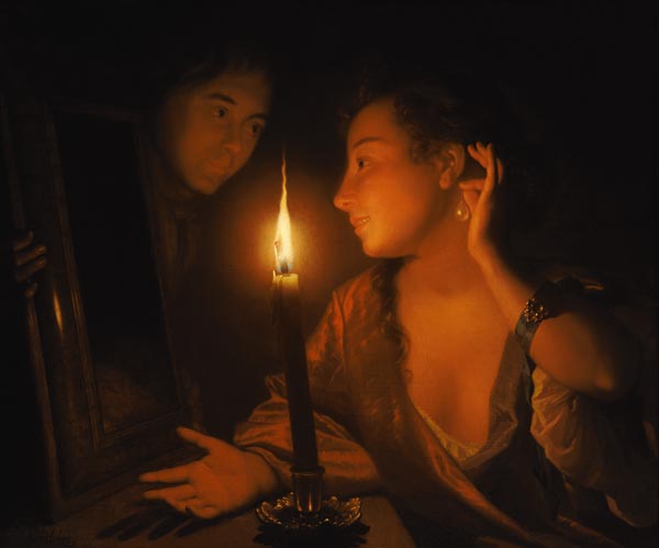A Lady Admiring An Earring by Candlelight von Godfried Schalcken