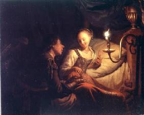 A Candlelight Scene: A Man Offering a Gold Chain and Coins to a Girl Seated on a Bed c.1665-70