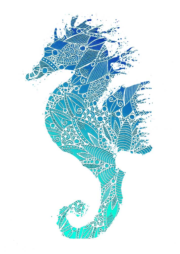 Blue Mandala Seahorse Silhouette von Sebastian  Grafmann