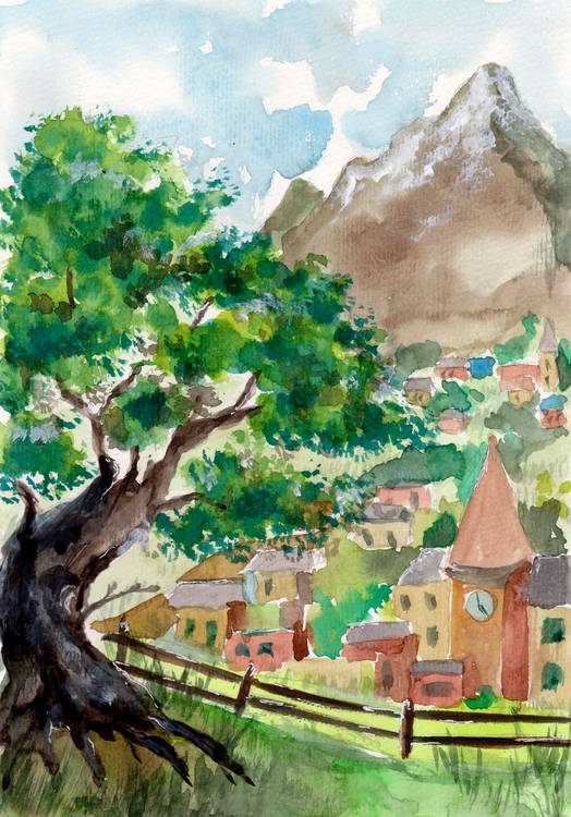Mountain Village and Old Tree von Sebastian  Grafmann