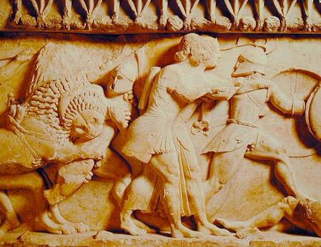 Detail of the north frieze of the Siphnian Treasury depicting gods fighting giants von Greek