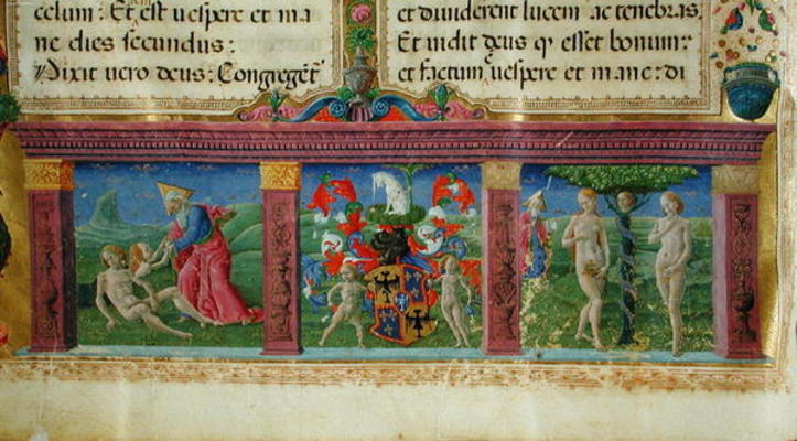 The Creation and Temptation of Adam and Eve with the coat of arms of the House of Este, from the 'Bi von Guglielmo Giraldi