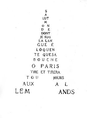 Calligram by French poet Guillaume Apollinaire: Eiffel Tower 1918