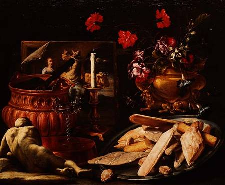 Still Life with Flowers in a Gilt Urn, a Painting and Cakes on a Salver von Guiseppe Recco