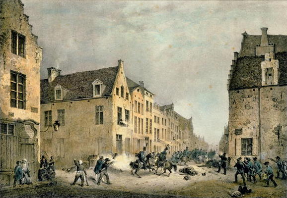 Diversion of a Dutch Division at the Porte de Flandre, Brussels, 23rd September 1830, engraved by Je von Gustave Adolphe Simoneau