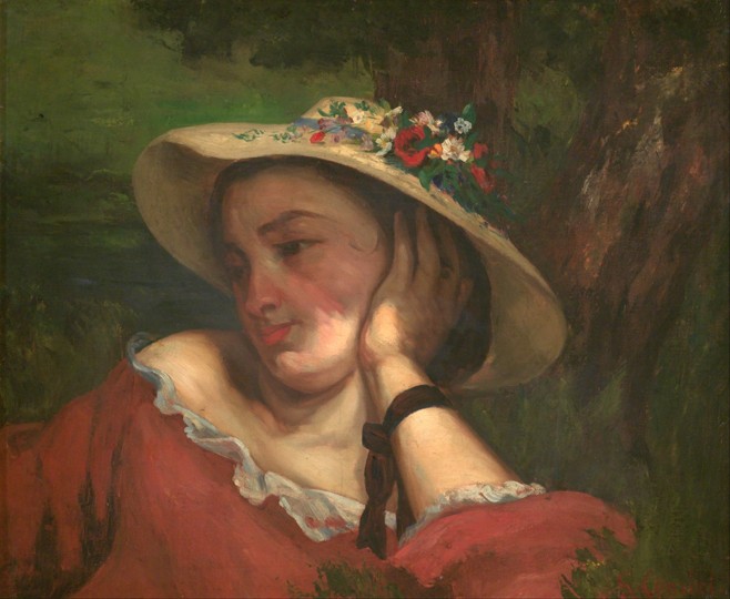 Frau mit Blumenhut von Gustave Courbet