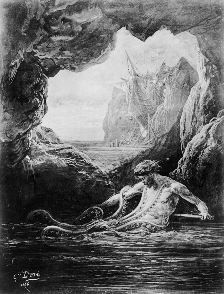 Gilliatt struggles with the giant octopus, illustration from ''Les Travailleurs de la Mer'' by Victo von Gustave Doré