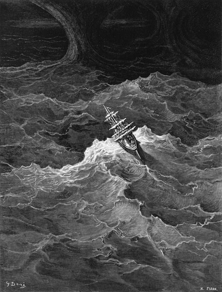 Ship in stormy sea, scene from ''The Rime of the Ancient Mariner'' S.T. Coleridge,S.T. Coleridge, pu von Gustave Doré