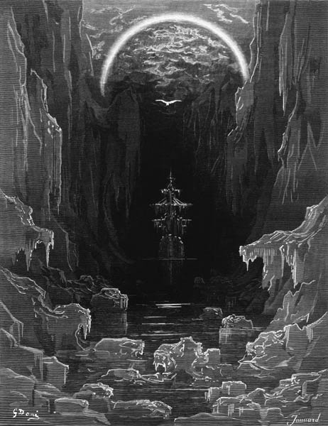 The appearance of the albatross to lead the marooned ship out of the frozen seas of Antartica, scene von Gustave Doré