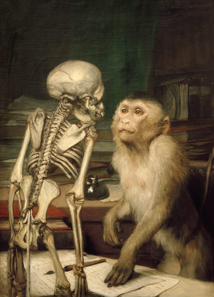 Affe vor Skelett von Haeckel Ernst
