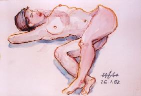 Auf den Schultern und dem rechten angewinkelten Bein liegender weiblicher Akt, Hände unter dem... 2002