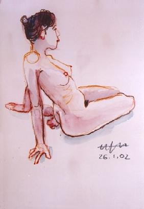 Auf dem Unterschenkel sitzender weiblicher Akt, Oberkörper nach hinten geneigt, ... 2002