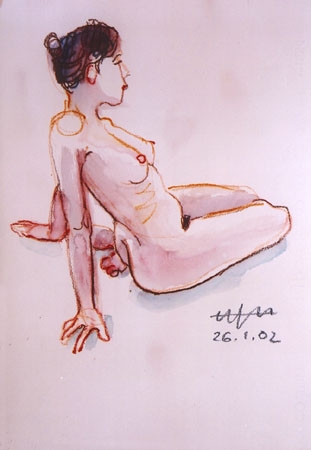 Auf dem Unterschenkel sitzender weiblicher Akt, Oberkörper nach hinten geneigt, ... von Hajo Horstmann