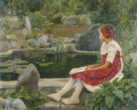 Mädchen an einem Teich 1923