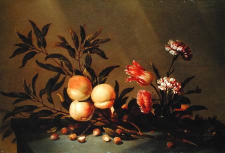 Still Life of Peaches and flowers von Hans Bollongier