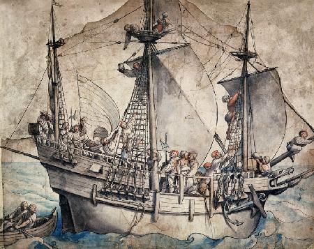 Schiff mit Matrosen, Landsknechten und einer Marketenderin beim Gelage