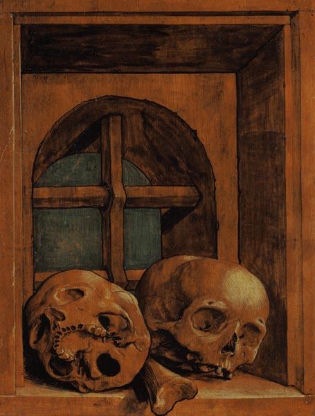 Zwei Totenköpfe in einer Fensternische von Hans Holbein der Jüngere