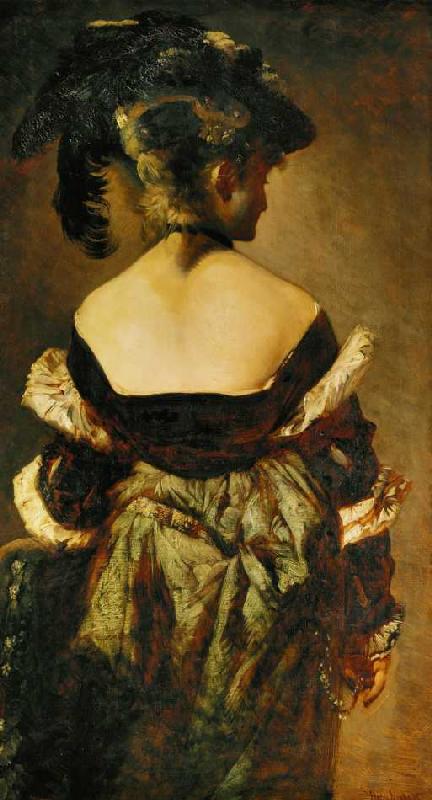 Portrait einer Dame mit einem Federhut, Rückenansicht von Hans Makart