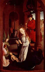 Die Anbetung des Kindes durch Maria. Linke Tafel des Dreikönigsaltars. von Hans Memling